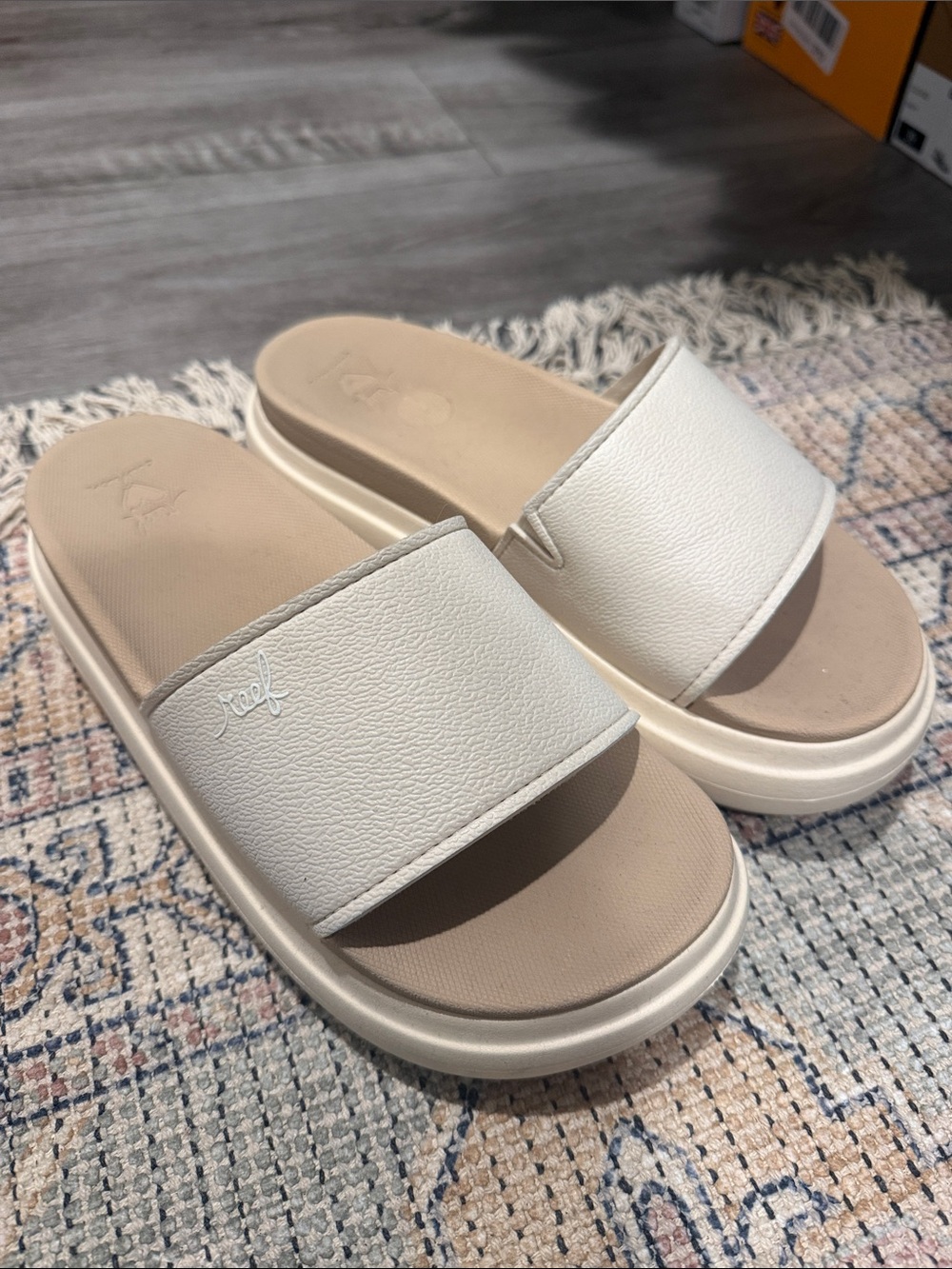 Reef White Slide Sandals with Cream Footbed